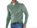 Detail of light green 1/4 zip men's knit sweater featuring fine fabric texture and collar - S / Light Green