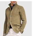 Men's chunky knit cardigan sweater in khaki brown with classic stand collar and grey buttons - S / Tops / Light Khaki