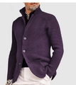 Men's dark purple knit cardigan jacket with notch lapel and three-button closure - S / Tops / Deep purple