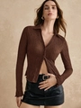 Detail of coffee brown crinkle texture shirt with lapel collar and button closure - S / Coffee