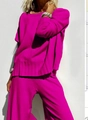 Fuchsia knitted two-piece set featuring loose long sleeve sweater and wide leg pants - S / Pink