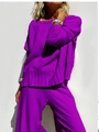 Chic purple knitted two-piece set featuring loose sweater and wide-leg pants - S / Purple