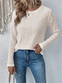 Detail of white eyelet lace hollow out long sleeve shirt with geometric knit pattern - S / Tops / Khaki