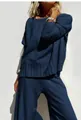 Dark blue knit two-piece set featuring a loose sweater and wide-leg trousers for women - S / Blue