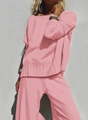 Chic pink knit two-piece lounge set with a long-sleeve sweater and wide-leg pants - S / Light Pink