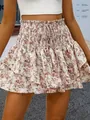 Detail of smocked high waist with drawstring and tiered ruffles on floral shorts - S / Bottoms / Khaki