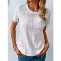 Detail of white short sleeve top featuring hollow eyelet geometric textured patterns - S / Short Sleeve Top / White