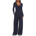 Detail of V-neck long sleeve wrap top and wide leg pants in navy blue lounge set - XS / Long Sleeve / Dark Blue