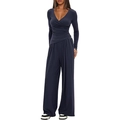 Navy blue two-piece lounge set with wrap V-neck long sleeve top and high waist wide leg pants - XS / Top And Bottom / Dark Blue