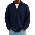 Men's navy corduroy polo sweatshirt with quarter zip and stand collar in slim fit design - Navy Blue
