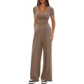 Damen 2-Teiler Freizeit-Set mit V-Ausschnitt Oberteil und High Waist Weitbein-Hose in Taupe - XS / Oberteil Und Unterteil / Khaki