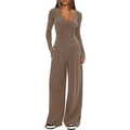 Detailed front view of brown two-piece set with V-neck wrap top and wide-leg trousers - XS / Long Sleeve / Khaki
