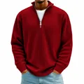 Men's red rib-knit polo shirt with a half-zip stand collar and raglan sleeves - Red