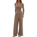 Mocha brown two-piece set featuring wrap V-neck long sleeve top and high waist wide leg pants - XS / Top And Bottom / Khaki