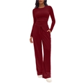 Detail view of deep red ribbed lounge set with long sleeve top and drawstring pants - Burgundy