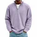 Men's quarter-zip polo shirt in light purple featuring vertical corduroy knit texture - Purple