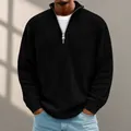 Men's autumn black corduroy quarter-zip polo shirt with stand collar and ribbed cuffs - Black