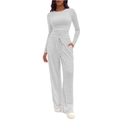 Detail of ribbed knit fabric texture on women long sleeve top and drawstring pants set - Light Gray