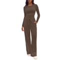 Detail of coffee brown two-piece loungewear set with drawstring wide leg pants and top - Coffee Brown