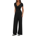 Damen 2-Teiler Freizeit-Set in Schwarz mit V-Ausschnitt Oberteil und Hose mit weitem Bein - XS / Oberteil Und Unterteil / Schwarz