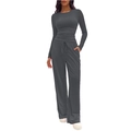 Detail of dark grey women's casual lounge set featuring a long sleeve top and wide-leg pants - Dark Gray