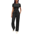 Women's black casual two-piece set with ruched short sleeve top and wide leg pants - Black
