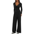 Women's 2-piece black loungewear set with V-neck long sleeve top and wide leg pants - XS / Top And Bottom / Black