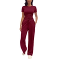 Women fashion burgundy two-piece pleated short sleeve top and drawstring pants set - Burgundy