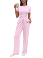 Women's chic light pink lounge set with short sleeve top and drawstring wide leg trousers - Pink