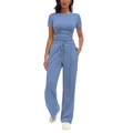 Short sleeve pleated top and high waist wide leg pants set in dusty blue - Light Blue