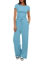 Set casual da donna in due pezzi con top a maniche corte e pantaloni a gamba larga in azzurro chiaro - XS / Blu