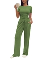 Women's pleated two-piece loungewear set with short sleeve top and pants in grass green - Matcha Green