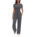 Women's dark gray two-piece set featuring a ruched short sleeve top and wide-leg pants - Dark Gray