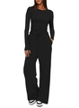 Women's two-piece casual lounge set in solid black with long sleeve top and wide leg pants - Black