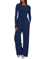 Navy blue loungewear set with long sleeve top and high-waisted wide leg drawstring pants - Dark Blue
