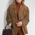 Vintage brauner Wildleder-Oversize-Blazer für Damen mit Revers und Pattentaschen - S / Oberteile / Braun