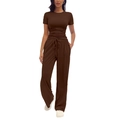 Fashionable dark coffee pleated short sleeve top and wide leg pants two-piece set - Brown