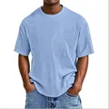 Close-up of men's light blue T-shirt featuring a unique vertical textured knit fabric - Sky Blue
