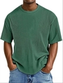 Detailed view of men's green t-shirt showing vertical ribbed knit texture and crew neckline - Dark Green