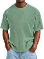 Detail of men's sage green knit T-shirt showing vertical ribbed texture and crew neck - Light Green