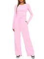 Pink two-piece casual lounge set with long sleeve top and wide leg drawstring pants - Pink