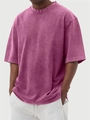 Détail du t-shirt en coton épais violet délavé montrant la texture vintage et le col - S / Hauts / Rose