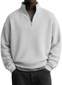 Detail of light gray waffle knit texture and metal half-zip on men's relaxed polo sweatshirt - 3XL / White