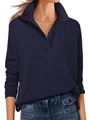 Top de punto polo con cuello en V azul marino para mujer con mangas largas sueltas - S / Azul marino