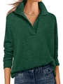 Top polo de punto verde oscuro para mujer con manga larga, cuello en V y textura acanalada - S / Verde