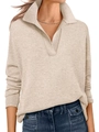 Jersey de punto beige avena para mujer con cuello polo en V y detalles acanalados - S / Albaricoque
