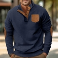 Men's navy corduroy sweatshirt with brown contrast elbow patches and standing collar - S / Tops / Navy Blue