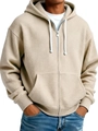 Detail of waffle knit fabric texture on a beige zip-up hoodie for men with white drawstrings - S / Apricot
