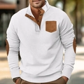 Men's waffle knit sweatshirt with contrast collar and elbow patches in casual style - S / Tops / White