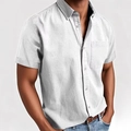 Detalle de camisa blanca de algodón y lino con cuello de solapa y bolsillo frontal de hombre - S / Blanco